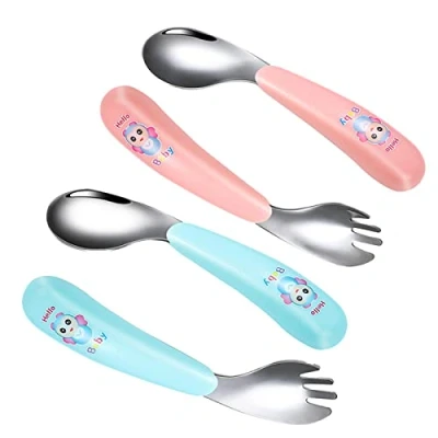 Bild av Babyredskap skedar, Liwein set med 4 gaffelset böjd babysked rostfritt stål träningssked för småbarn barn självutfodring inlärningsskedar