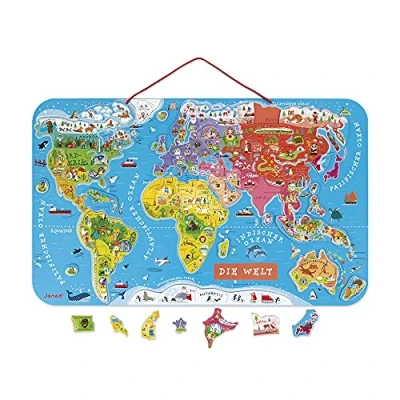Bild av Janod Puzzle världskarta magnetisk karta av trä, 92 magnetiska pusselbitar 70 x 43 cm tysk version pedagogiskt spel från 7 år, J05490
