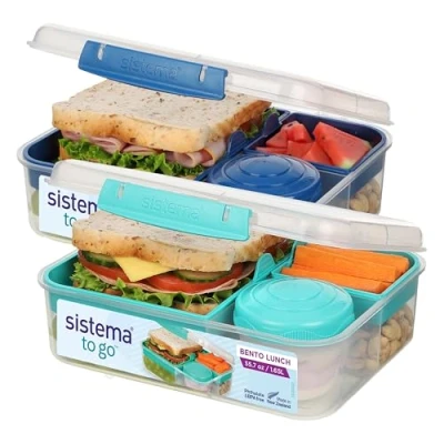 Bild av Sistema TO GO Bento Box Cubes 1,65 L Skollunchlådor med fack och mellanmålsgrytor BPA fri 2 stycken Minty Teal &amp; Ocean Blue