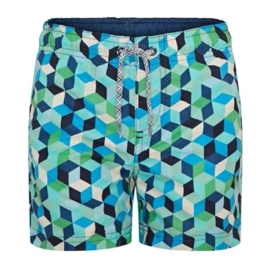 Bild av RIPT Performance Pojkar Quick Dry UV 50 Solskydd Peach Finish Badshorts Badbyxor, Blått geometriskt tryck, 3 4 år