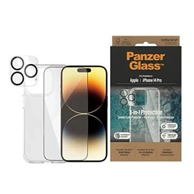 Bild av PanzerGlass™ iPhone 14 Pro Bundle skärmskydd, kameraskyddsglas och skyddsfodral komplett skydd av härdat glas med fullständig täckning, reptålig okrossbar