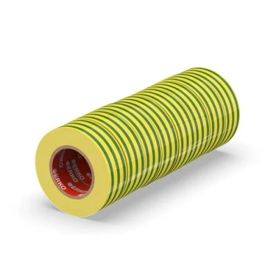 Bild av ERKO isoleringstejp 19 mm x 20 m gul grön 8 stycken för elektriska kablar, Hög flexibilitet och självhäftande kraft, tejp, tätningstejp, skarvning av tråd kabelisoleringar