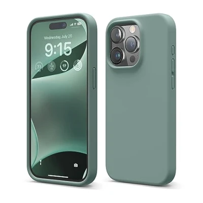 Bild av elago Kompatibel med iPhone 15 Pro Fodral, Flytande Silikon Heltäckande Skydds Stötsäkert, Smalt telefon Reptåligt Mjukt Mikrofiberfoder 6,1 tum (midnattsgrön)