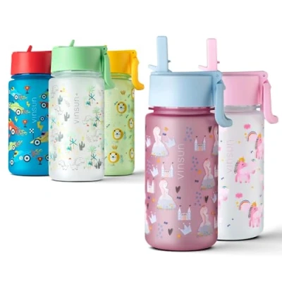 Bild av VINSUN Vattenflaska för barn 500 ml rosa sugrör lock, läckagesäker, BPA fri, lämplig kolsyra, tritan prinsessvattenflaska dagis, skola