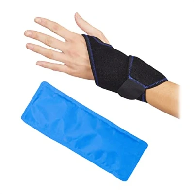 Bild av Relaxdays Kyldyna handled, för ledvärk, seninflammation, varm/kall, neopren bandage och gelförpackning, svart/blå, 1 st