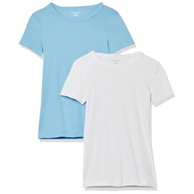 Bild av Amazon Essentials Women&#039;s Kortärmad T shirt med rund hals smal passform, Pack of 2, Ljusblå/Vit, XL