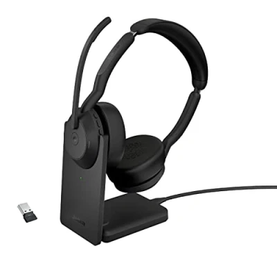 Bild av Jabra Evolve2 55 trådlöst stereoheadset med laddningsstativ, Air Comfort teknik, brusreducerande mikrofoner och ANC certifierat för MS Teams, fungerar andra plattformar svart