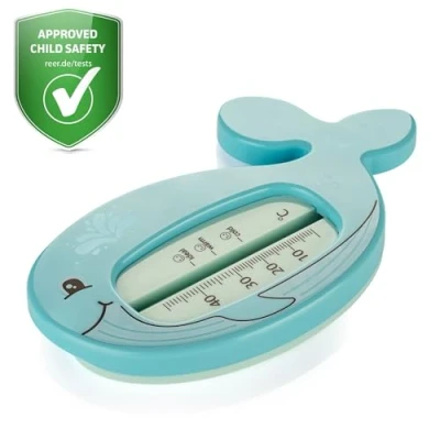 Bild av reer MyHappyBath Baby badtermometer val söt rulldesign barnsäker optimal badtemperatur för badkaret kvicksilverfri högt mätområde tydlig skala
