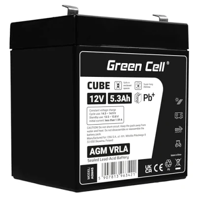 Bild av Green Cell® AGM 12 V 5,3 Ah batteri, VRLA blybatteri, ersättningsbatteri, försörjningsbatteri, cykelsäkert, underhållsfritt för elektriska leksaker, larm, brandlarmteknik, USV
