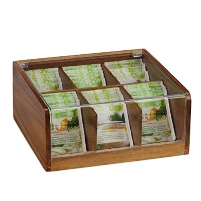 Bild av Relaxdays Tea Box trä, 6 fack, 90 tepåsar, teburk med gångjärnslock, aromskydd, HxBxD 9,5 x 22 20,5 cm, natur, mörkbrun, transparent