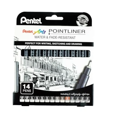 Bild av Pentel Pointliner Pigment Liner teknisk ritning finelinerpenna S20P 0,03 mm till 3,0 svart, sepia, sanguine &amp; grått bläck paket med 14
