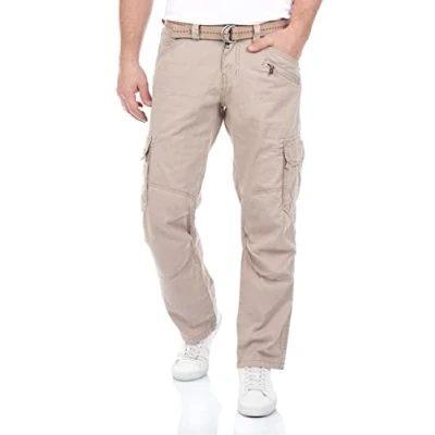 Bild av Timezone Cargojeans för män, BenitoTZ Loose Fit cargobyxor, tygbälte, 100 % bomull, basic fickor, beige, grå, grön, w28 w29 w30 w31 w32 w33 w34 w36 w38 w40, Stone beige (2202), 38W x 30L