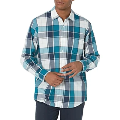 Bild av Amazon Essentials Men&#039;s Långärmad ledig poplinskjorta med normal passform, Blågrön Vit Stora rutor, XL