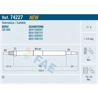 Bild av FAE 74227 Bougie de préchauffage 11V M 10x1 SSANGYONG: Rexton / 2, Rodius I, Kyron