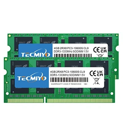 Bild av TECMIYO 8GB Kit (2x4GB) PC3 10600S DDR3 1333MHZ Sodimm RAM 2RX8 Dual Rank CL9 204 Pin 1.5V Non ECC Unbuffered Laptop Memory for Intel AMD And Mac System