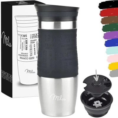 Bild av Milu termomugg 370ml 450ml isolerad mugg kaffe to go 100% läckagesäker dricksmugg av rostfritt stål bilmugg dubbelväggig isolering resemugg (Svart, 370ml)