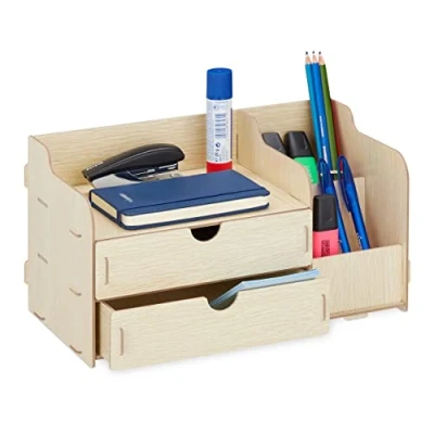 Bild av Relaxdays Skrivbordsförvaring, 2 lådor och 3 fack, pennbox MDF, HBT: 17 x 33 19 cm, kontorsorganisatör, ljusbrun