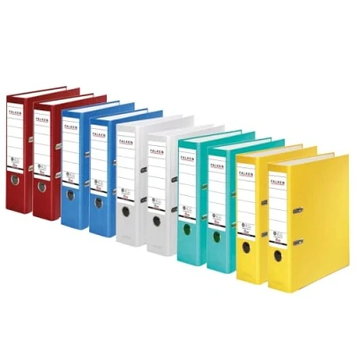 Bild av Original Falken 10 pack Recycolor miljömapp Eco. Tillverkat i Tyskland. Färgat pappersöverdrag utanför 8 cm bred DIN A4 färg sorterad ringpärm mapp brevmapp CO2 neutral blå ängel