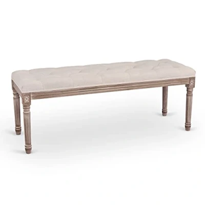 Bild av VONLUCE bänk i klassisk design, vadderad tyg, linne och massivt trä för sovrum, matsal, vardagsrum, pianohall (120 x 40 46 cm)