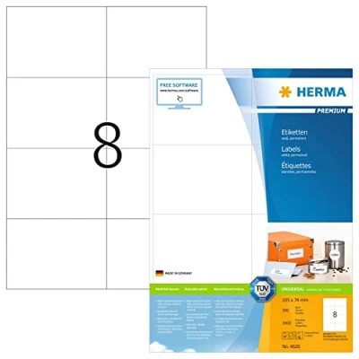 Bild av HERMA 4626 universella etiketter A4 stora (105 x 74 mm, 200 ark, papper, matt) självhäftande, utskrivbara, permanenta adressetiketter, 1 600 klistermärken, vit