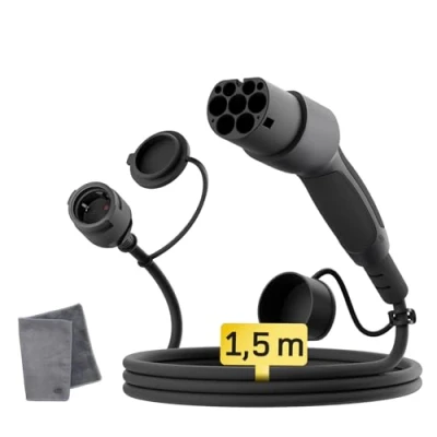 Bild av dé Adapter typ 2 till Schuko [1,5m 16A] laddningspunkt för elbilar, laddning av AMI, elcykel, elscooter, elmotorcykel vid laddstationer/väggboxar Ej V2L