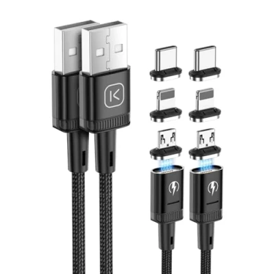 Bild av Kuulaa 3 i 1 magnetisk laddningskabel, A snabbladdningskabel av nylon, flätad med LED Light USB laddningskabel för mikro USB, typ C enheter och iProducts (svart, 2 pack M+1 m)