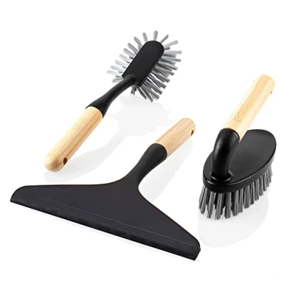 Bild av COM FOUR® 3 delat rengöringsset handborste, diskborste och fönsterskrapa perfekt rengöringsstartset av bambu robust plast för hushållet (03 st. svart/bambu)