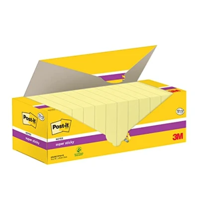 Bild av Post it Super Sticky Notes Kanariegula, värdepaket med 12 + GRATIS dynor, 90 ark per dyna, 76 mm x mm, gul färg extra klisterlappar för anteckningar, att göra listor och påminnelser
