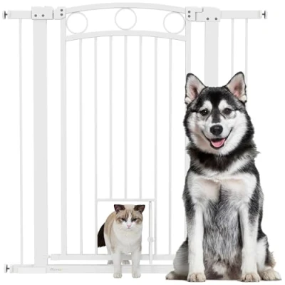 Bild av PawHut Dörrskyddsgaller hund, 76104 cm avstängningsgaller utan borrning, trappgrind av stål, med kattdörr, skyddsgaller, säkerhetsgaller för trappor, dörr, hall, vit