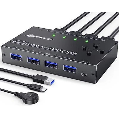 Bild av MLEEDA KVM omkopplare 4 portar, datorer som delar USB enheter, kringutrustning för tangentbordsmus, skrivarskanner, med trådbunden fjärrknapp och 3.0 kablar