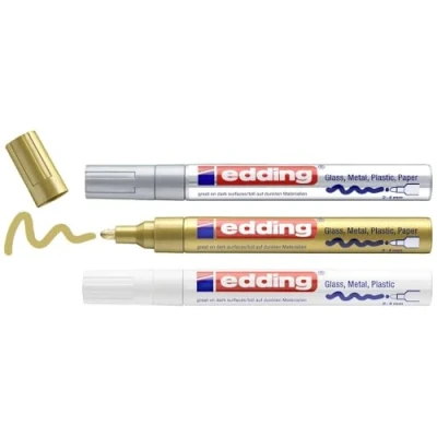 Bild av edding 750 glanslackmarkör vit, guld, silver (metallic) uppsättning med 3 färgmarkörer rund spets 24 mm färgpenna för glas, sten, trä, plast och papper vattentät, starkt täckande