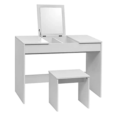 Bild av WOLTU Sminkbord med sminkpall, sminkspegel, vikbar sminkbord, högglansig bordsskiva, sovrumsbyrå, set 2 förvaringsfack för gott om förvaring, vitt, MB6047ws