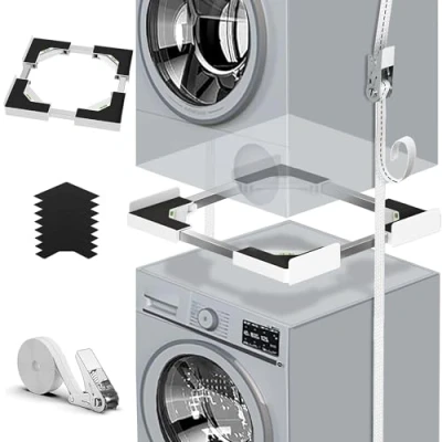 Bild av Universellt stacking kit för tvättmaskin och torktumlare, tvättmaskinstillbehör/torktillbehör, med spärrrep vit, tvättmaskinfäste justerbar storlek (4568 cm)