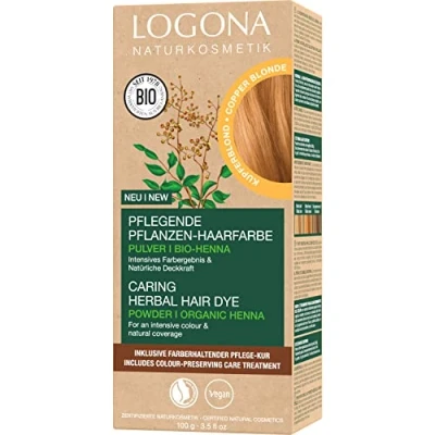 Bild av LOGONA Naturkosmetik närande vegetabilisk hårfärg, veganskt hårfärgspulver med ekologisk henna för intensiv färg och glans, växthårfärg i kopparblond (blond), 1 x 100 g
