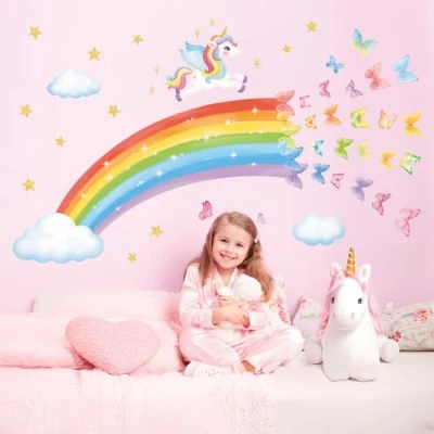 Bild av DECOWALL SG2 2401 regnbåge väggdekal enhörning väggtatuering fjärilar stjärnor moln väggklistermärken för barnrum babyrum flickor väggdekoration sovrum flickrum dekoration presenter