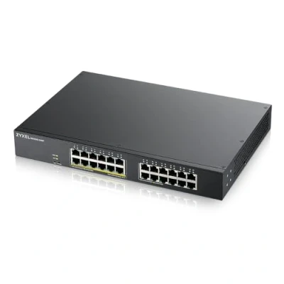 Bild av Zyxel 24 Port Gigabit PoE Switch Smart Managed Rackmonterad 12 PoE+ Portar med en total budget på 130 watt och 2 SFP VLAN, IGMP, QoS Livstidsgaranti (GS1900 24EP)