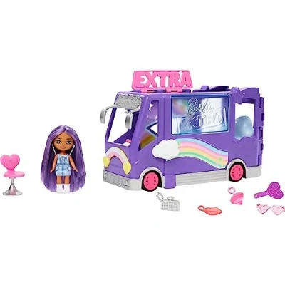 Bild av Barbie set, Extra Mini Minis fordonslekset med docka, utbyggbar turnébuss, kläder och accessoarer, HKF84