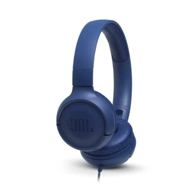 Bild av JBL Tune500 On Ear hörlurar med kabel i blått 1 knappfjärrkontroll, integrerad mikrofon och röstassistent samtal lyssna på musik språng