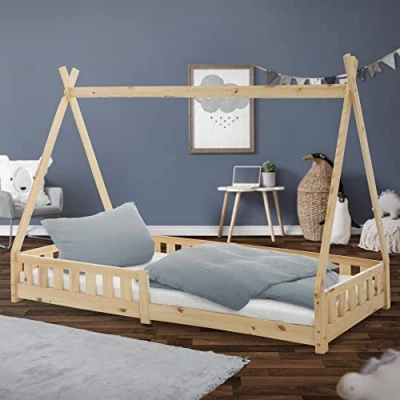 Bild av ML Design Barnsäng Tipi 90x200 cm naturlig med fallskydd och lamellstomme, tillverkad av furu, indisk säng massivt trä för flickor pojkar, hus staket barnhus ungdomssäng leksäng tält