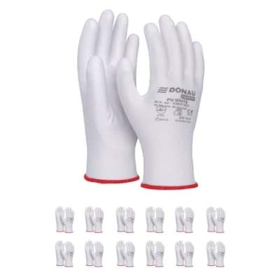 Bild av DONAU SAFETY monteringshandskar handskar/storlek 10, 12 par/katt. II/vit/handskar arbetshandskar av polyester/polyuretan/trädgård, byggare, mekaniker