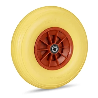 Bild av Relaxdays skottkärra hjul 4.00 6, massivt gummihjul med plastfälg, 3 adaptrar, reservhjul punkteringssäker, 100 kg, gul röd