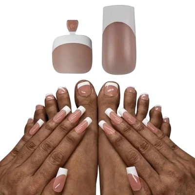 Bild av NOVO OVO fransk spets hand och tånagelspetsar tryck på kit, brun rosa fyrkantig mjuk gel nagelförlängning, fyrkantiga runda tånaglar, förapplicerad spetsprimer basrock, heltäckande matt för