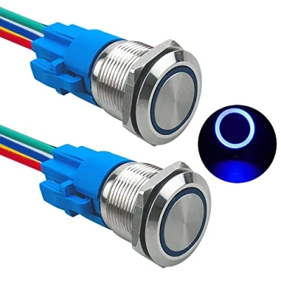Bild av Aiqeer 2 stycken 19 mm tillfällig tryckbrytare, 12 V/24 V 5 A automatisk tändning startbrytare, IP67 vattentät tryckbrytare i rostfritt stål, med förkopplat uttag (blå LED)