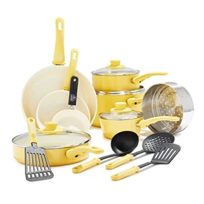 Bild av GreenLife Soft Grip hälsosam keramisk non stick beläggning, 16 delar köksredskap set med stekpanna, kastrull och kastrull, PFAS fri, diskmaskinssäker, ugnssäker, gul