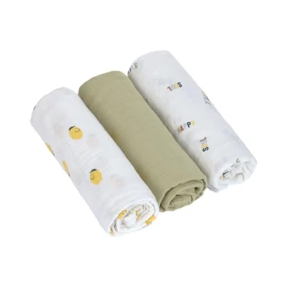 Bild av Casual baby skötfilt spottfilt mullduk set om 3 bomull 85 x cm/swaddle &amp; burp blanket L glada fruits citron