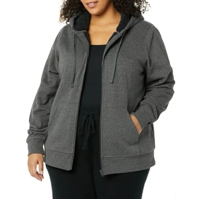 Bild av Amazon Essentials kvinnors sherpa fodrad fleece hel dragkedja jacka med huva (finns i plusstorlek), kol ljung, 6X
