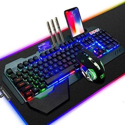 Bild av 2,4 GHz Trådlöst Uppladdningsbart Tangentbord mus Combo Set 3800mAh Lång Batteritid Unifying USB Receiver Rainbow Bakgrundsbelyst Gamer 2400DPI 7 Färger Andas Optiska Möss Kompatibel