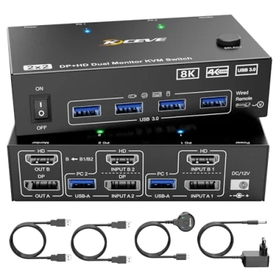 Bild av 8K KVM omkopplare 2 PC bildskärmar 8K@60Hz 4K@144Hz Displayport HDMI dubbla för share och 4 USB 3.0 enheter, kabelfjärrkontroll, 12 V strömförsörjning