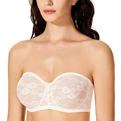 Bild av DOBREVA Dam axelbandslös BH med bygel, transparent spets, Dirndl Bandeau transparenta remmar, Rosvit, 85D