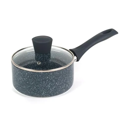 Bild av Russell Hobbs RH00844EU non stick kastrull pressad aluminium mjölkkastrull med härdat glaslock, 16 cm/1,2 L såskastrull för induktion, liten matlagningsgryta mjukt bakelithandtag, nattfallssten